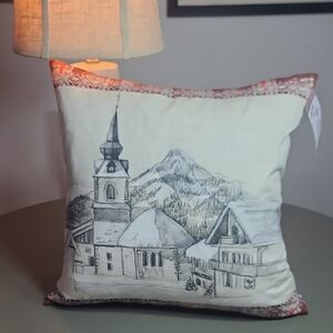 European Winter Chalet Scenic Sketch Throw Pillow With Feather Down Insert